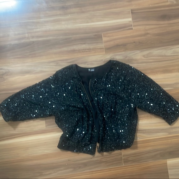 Sparkle & Fade Black Sequin Bomber Jacket - Size S - Cropped Evening Zip-Up - Picture 2 of 6